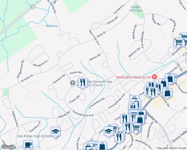 map of restaurants, bars, coffee shops, grocery stores, and more near 107 Underwood Road in Oak Ridge