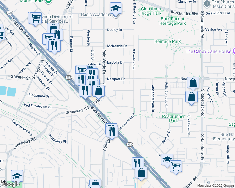 map of restaurants, bars, coffee shops, grocery stores, and more near 418 Woodridge Drive in Henderson