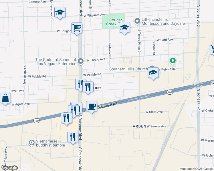map of restaurants, bars, coffee shops, grocery stores, and more near 6723 Tangled Vines Avenue in Enterprise