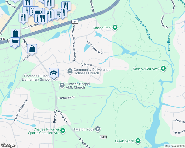 map of restaurants, bars, coffee shops, grocery stores, and more near 3318 Cherrybrook Drive in Jamestown