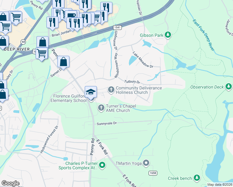 map of restaurants, bars, coffee shops, grocery stores, and more near 7605 Horney Road in High Point