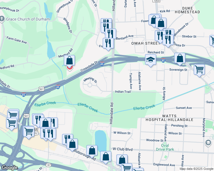 map of restaurants, bars, coffee shops, grocery stores, and more near 1724 Arrowhead Drive in Durham