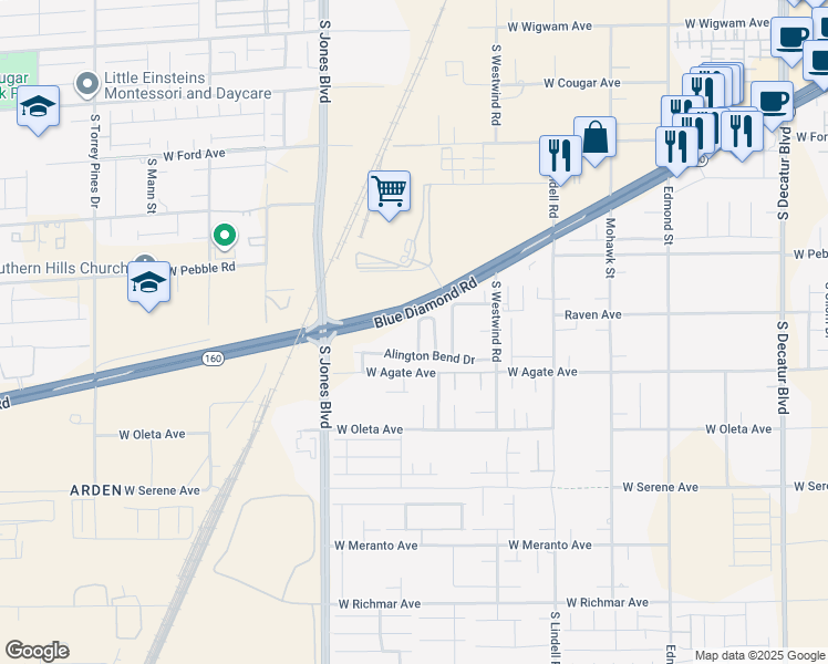 map of restaurants, bars, coffee shops, grocery stores, and more near 9029 South Winthrop Springs Road in Las Vegas