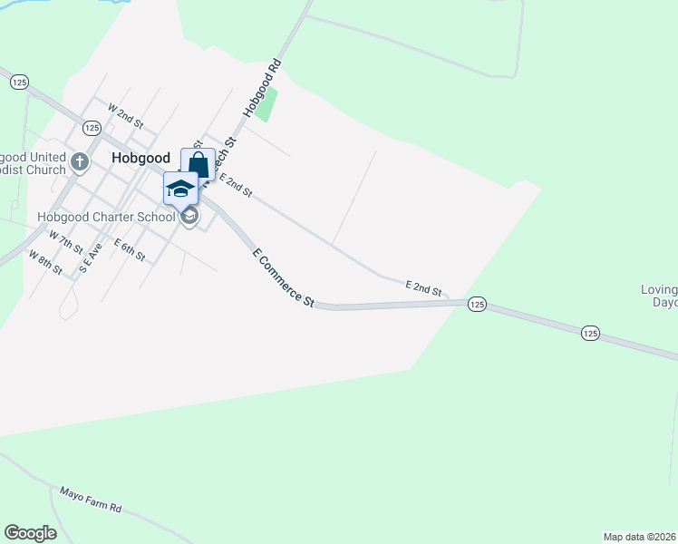 map of restaurants, bars, coffee shops, grocery stores, and more near 444 East 2nd Street in Hobgood