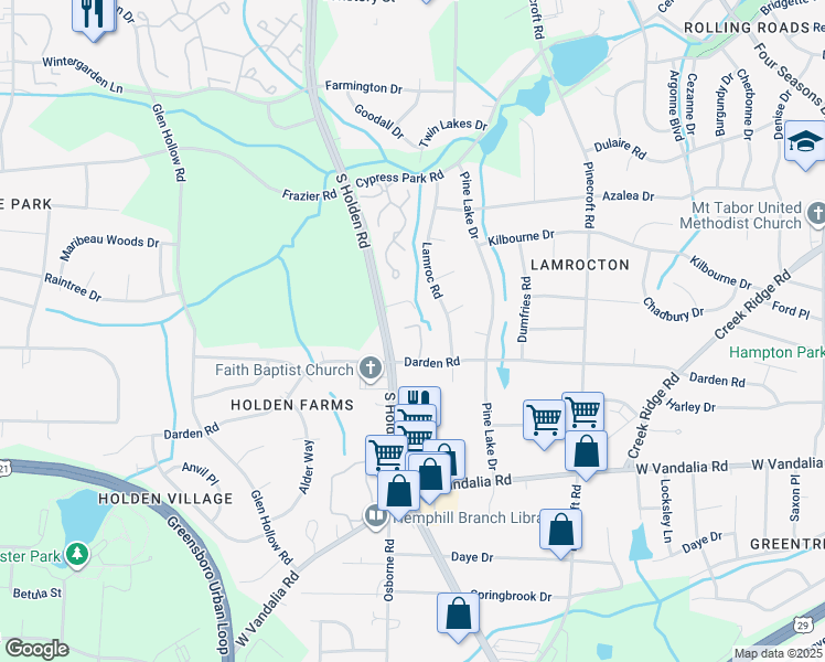 map of restaurants, bars, coffee shops, grocery stores, and more near 3016 Darden Road in Greensboro
