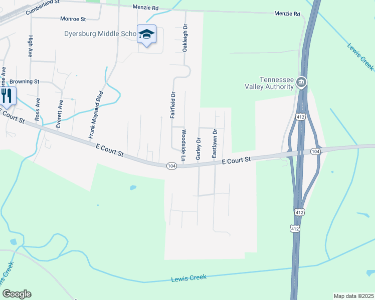 map of restaurants, bars, coffee shops, grocery stores, and more near 124 Woodside Lane in Dyersburg
