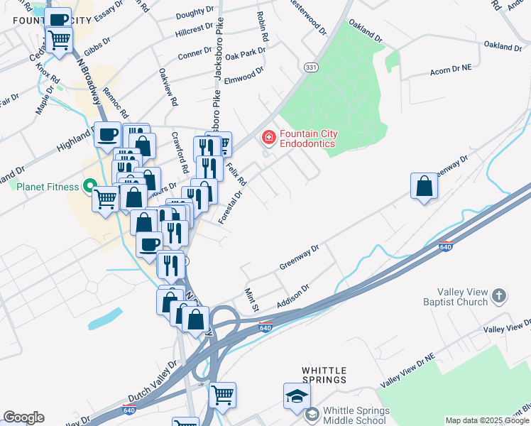 map of restaurants, bars, coffee shops, grocery stores, and more near 155 Felix Road in Knoxville