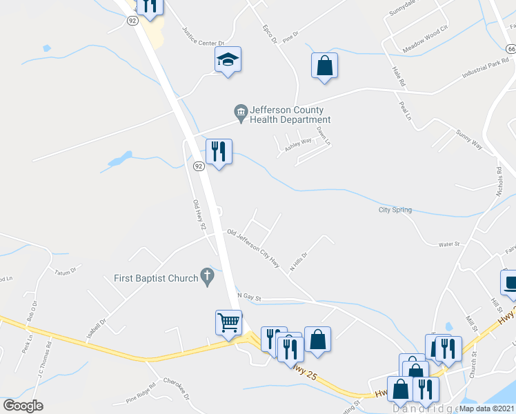 map of restaurants, bars, coffee shops, grocery stores, and more near 816 Twin Oaks Way in Dandridge