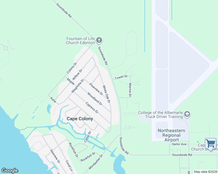 map of restaurants, bars, coffee shops, grocery stores, and more near 530 Soundside Road in Edenton