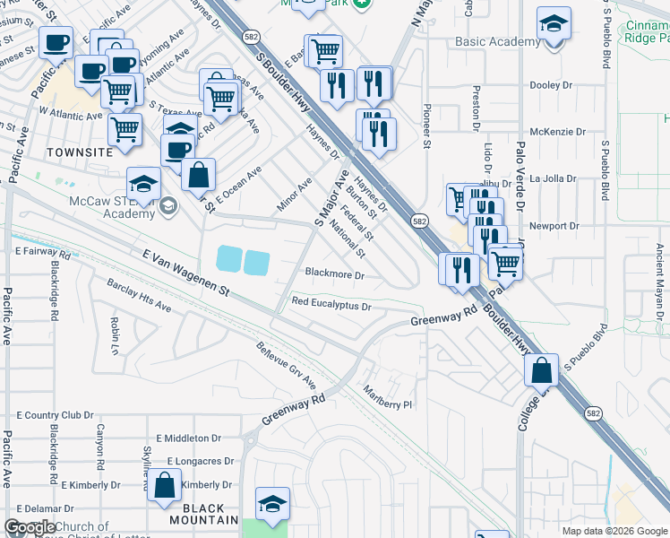 map of restaurants, bars, coffee shops, grocery stores, and more near 601 Blackmore Drive in Henderson