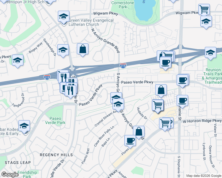 map of restaurants, bars, coffee shops, grocery stores, and more near 67 Graythorn Mountain Court in Henderson