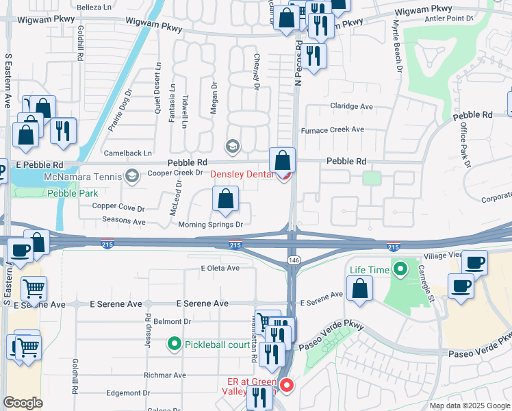 map of restaurants, bars, coffee shops, grocery stores, and more near 9017 South Pecos Road in Henderson