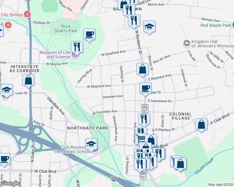 map of restaurants, bars, coffee shops, grocery stores, and more near 114 Gresham Avenue in Durham