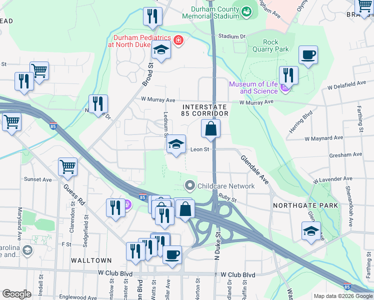 map of restaurants, bars, coffee shops, grocery stores, and more near 911 Leon Street in Durham