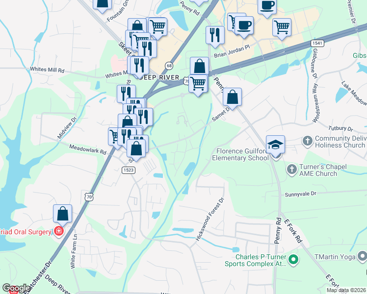 map of restaurants, bars, coffee shops, grocery stores, and more near 5010 Samet Drive in High Point
