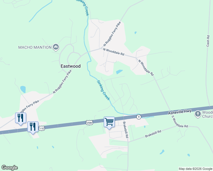 map of restaurants, bars, coffee shops, grocery stores, and more near 7501 Mary Lay Lane in Strawberry Plains