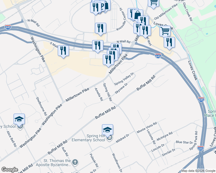 map of restaurants, bars, coffee shops, grocery stores, and more near 2717 Spring Hill Road in Knoxville