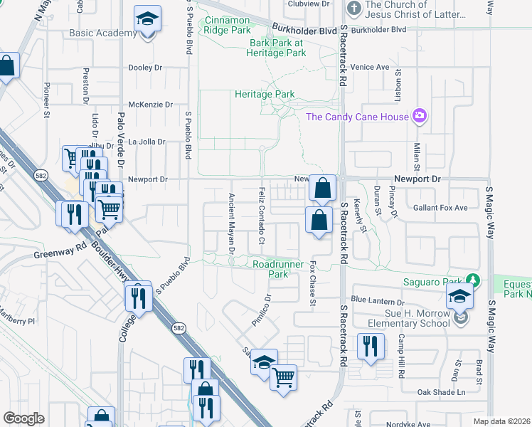 map of restaurants, bars, coffee shops, grocery stores, and more near 518 Feliz Contado Court in Henderson