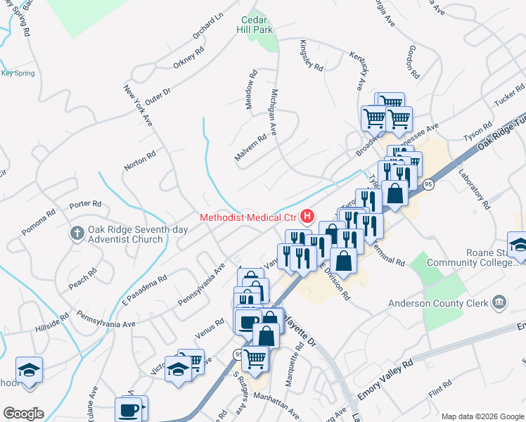 map of restaurants, bars, coffee shops, grocery stores, and more near 120 East Newkirk Lane in Oak Ridge