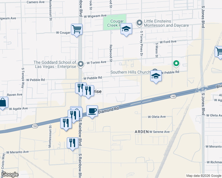 map of restaurants, bars, coffee shops, grocery stores, and more near 6703 Tangled Vines Avenue in Enterprise