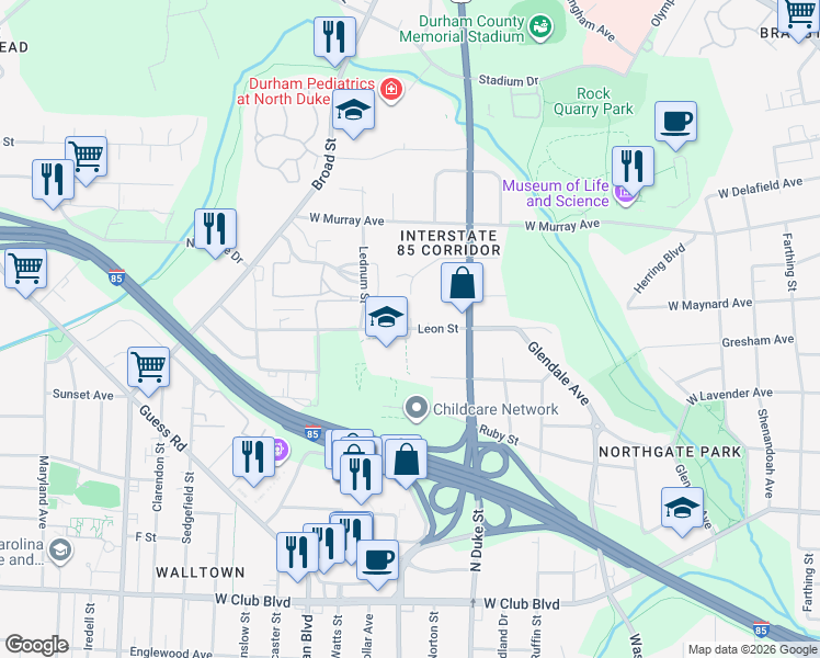 map of restaurants, bars, coffee shops, grocery stores, and more near 1001 Leon Street in Durham