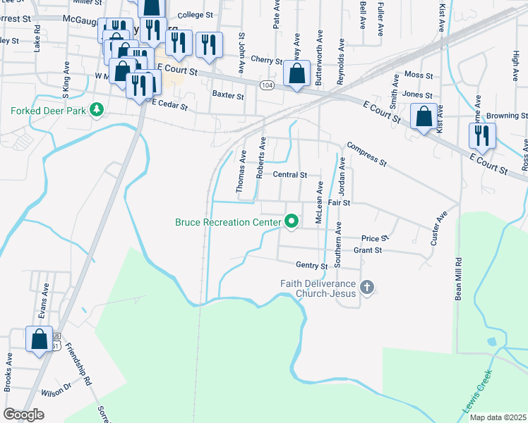 map of restaurants, bars, coffee shops, grocery stores, and more near 532 River Street in Dyersburg