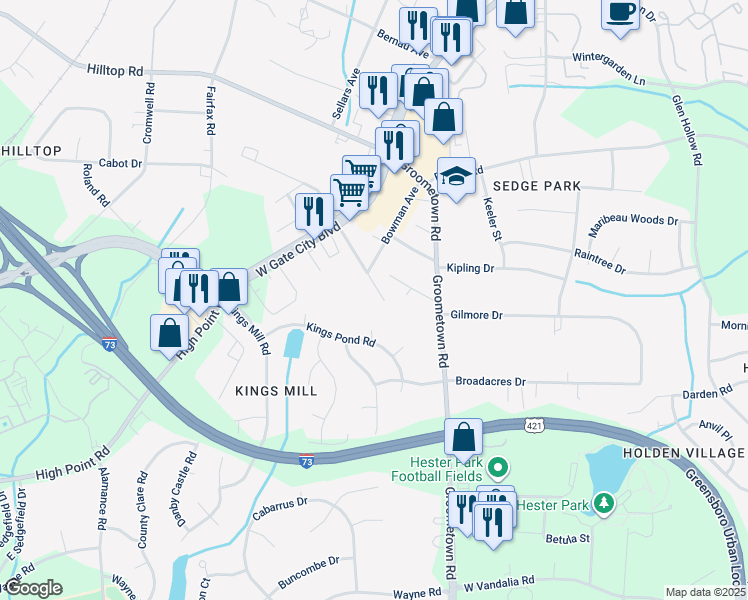 map of restaurants, bars, coffee shops, grocery stores, and more near 2808 Forbes Drive in Greensboro