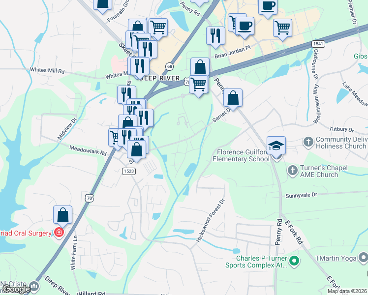 map of restaurants, bars, coffee shops, grocery stores, and more near 5010 Samet Drive in High Point