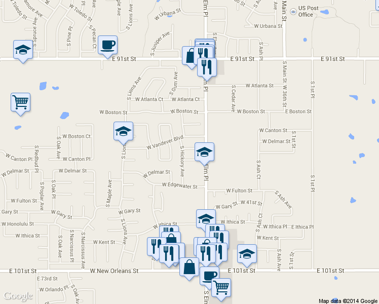 map of restaurants, bars, coffee shops, grocery stores, and more near 717 West Vandever Court in Broken Arrow