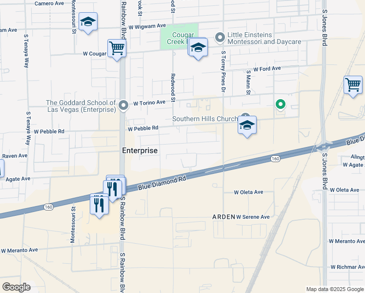 map of restaurants, bars, coffee shops, grocery stores, and more near 6659 Tangled Vines Avenue in Enterprise