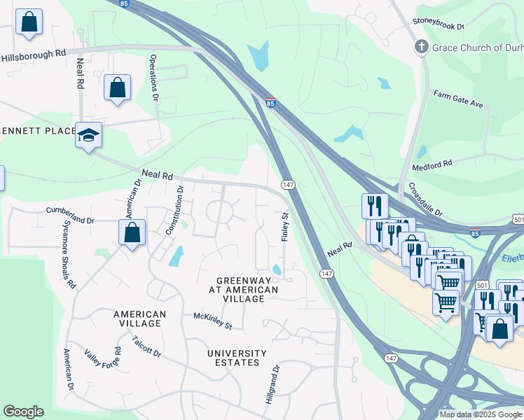 map of restaurants, bars, coffee shops, grocery stores, and more near 25 Astor Court in Durham