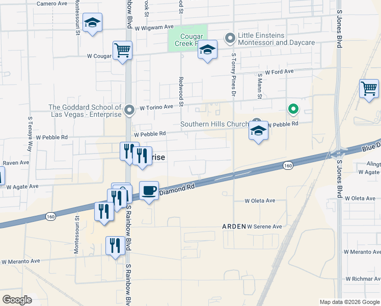 map of restaurants, bars, coffee shops, grocery stores, and more near 6659 Tangled Vines Avenue in Enterprise