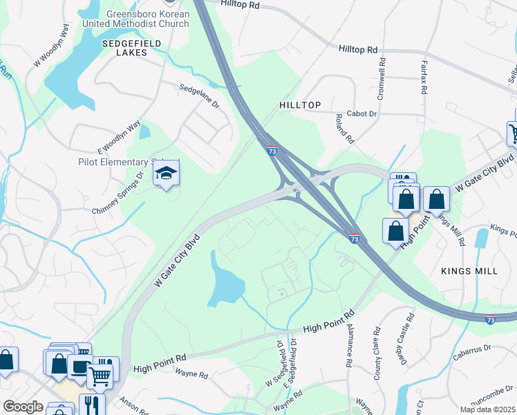 map of restaurants, bars, coffee shops, grocery stores, and more near 2708 Alamance Road in Jamestown