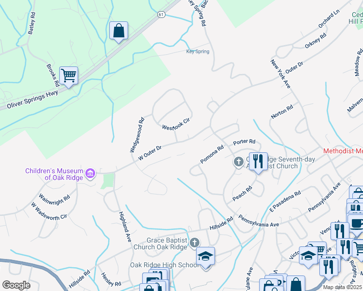 map of restaurants, bars, coffee shops, grocery stores, and more near 323 West Outer Drive in Oak Ridge
