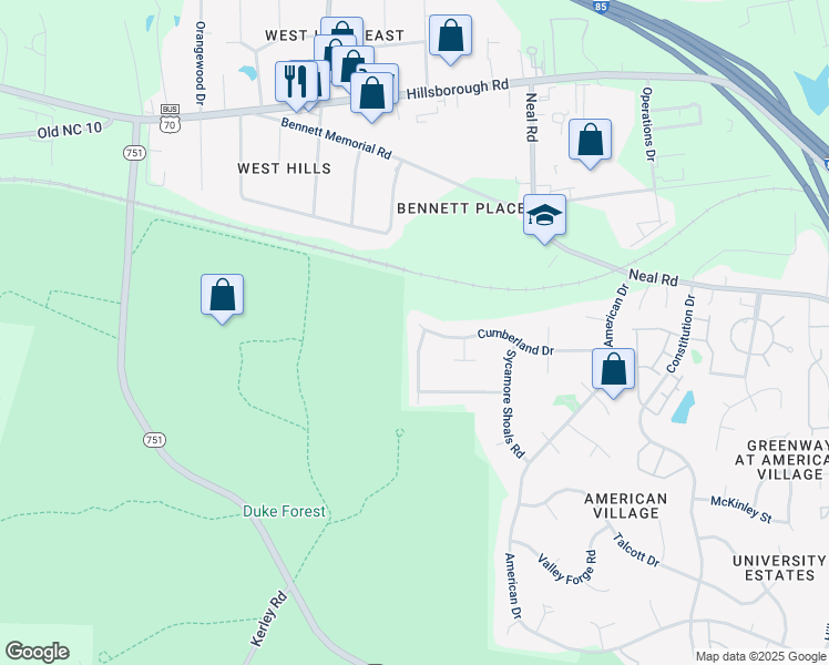 map of restaurants, bars, coffee shops, grocery stores, and more near 5013 Kettle Creek Road in Durham