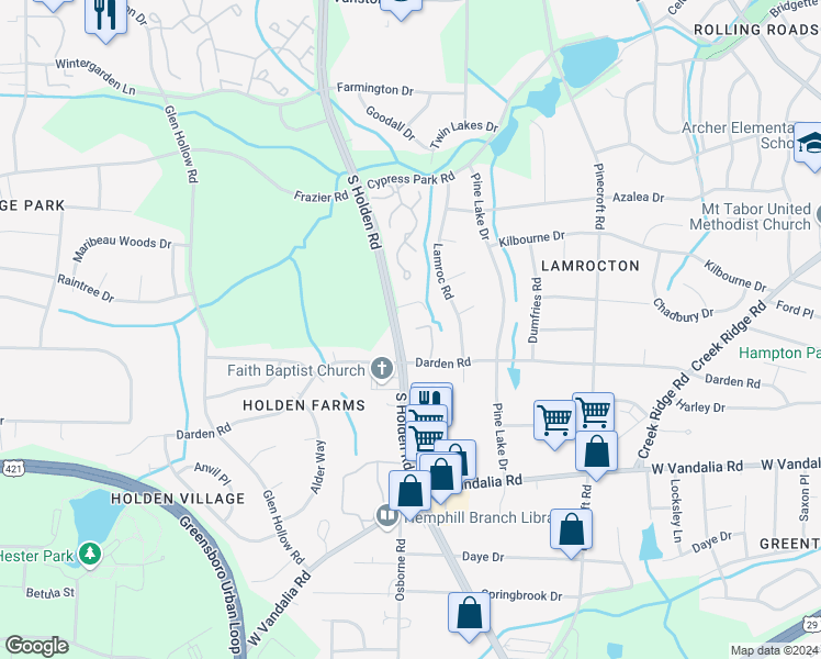 map of restaurants, bars, coffee shops, grocery stores, and more near 3014 Darden Road in Greensboro