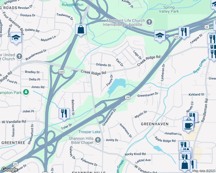 map of restaurants, bars, coffee shops, grocery stores, and more near 3521 Fiesta Drive in Greensboro