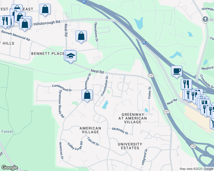 map of restaurants, bars, coffee shops, grocery stores, and more near 11 Sangre De Cristo Drive in Durham