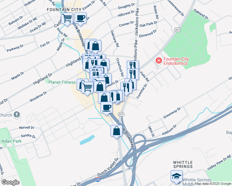 map of restaurants, bars, coffee shops, grocery stores, and more near 114 Adair Drive in Knoxville