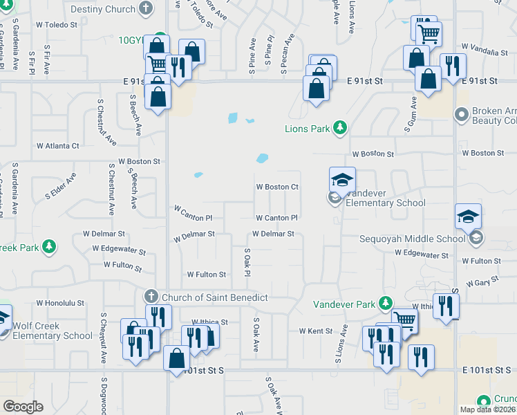 map of restaurants, bars, coffee shops, grocery stores, and more near 2445 South Oak Avenue in Broken Arrow