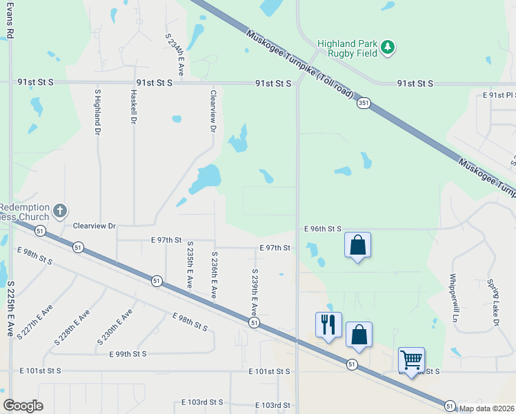 map of restaurants, bars, coffee shops, grocery stores, and more near 23881 East 95th Street South in Broken Arrow