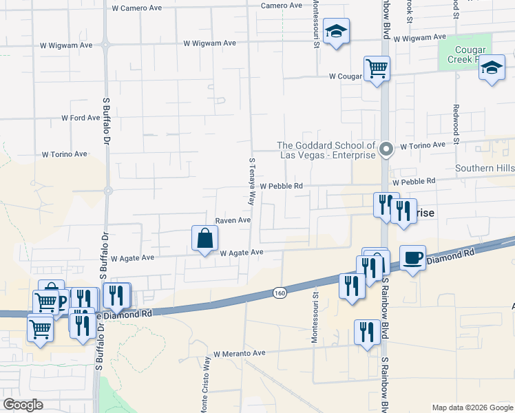 map of restaurants, bars, coffee shops, grocery stores, and more near 8930-8970 South Tenaya Way in Las Vegas