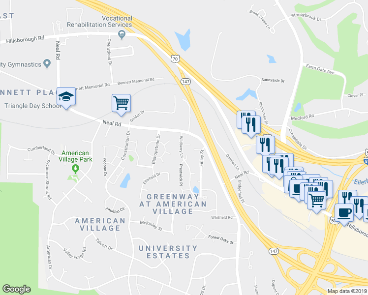 map of restaurants, bars, coffee shops, grocery stores, and more near 27 Astor Court in Durham