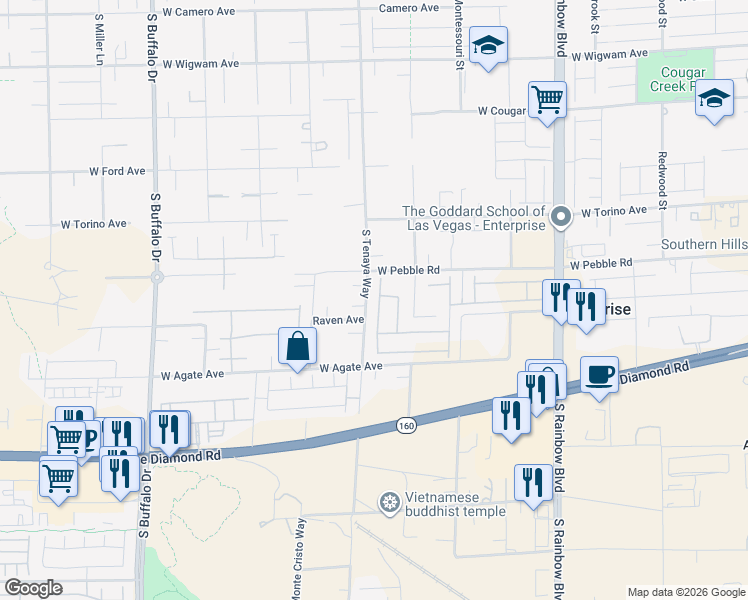 map of restaurants, bars, coffee shops, grocery stores, and more near 8957 Lucky Crest Street in Enterprise