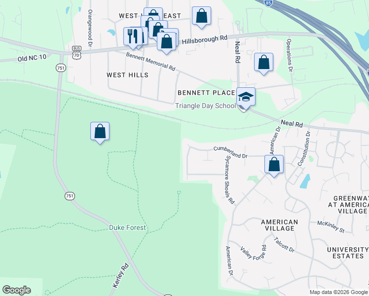 map of restaurants, bars, coffee shops, grocery stores, and more near 5013 Kettle Creek Road in Durham