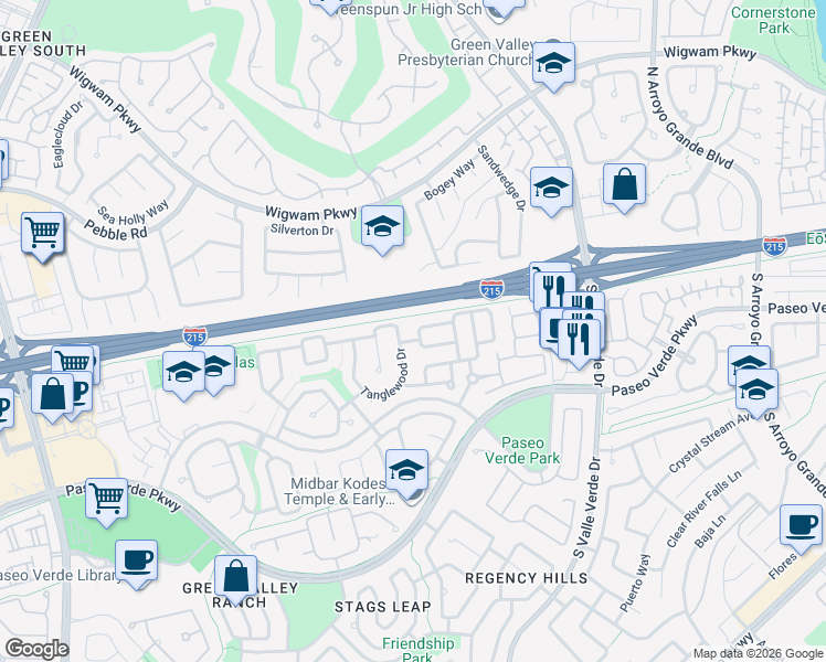 map of restaurants, bars, coffee shops, grocery stores, and more near 29 Mesquite Village Circle in Henderson