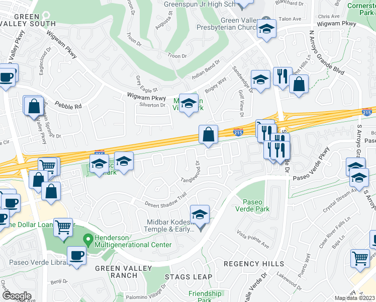 map of restaurants, bars, coffee shops, grocery stores, and more near 80 Tanglewood Drive in Henderson
