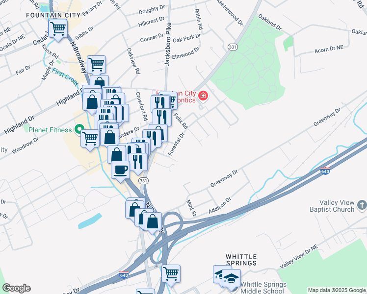 map of restaurants, bars, coffee shops, grocery stores, and more near 318 Forestal Drive in Knoxville