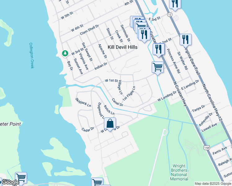 map of restaurants, bars, coffee shops, grocery stores, and more near 1514 Village Lane in Kill Devil Hills