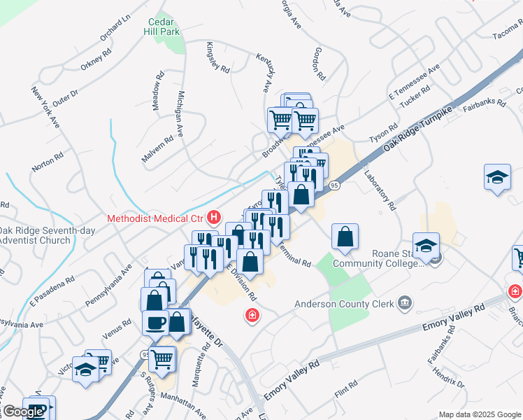 map of restaurants, bars, coffee shops, grocery stores, and more near 990 Oak Ridge Turnpike in Oak Ridge